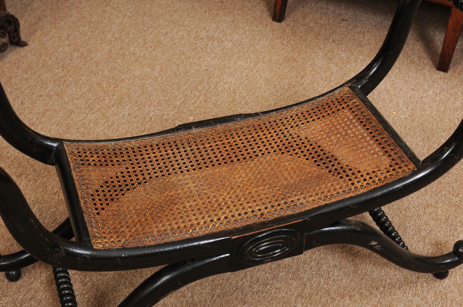 Early 19th Century Early Regency English Ebonized and Caned Elongated Curule Stool, circa 1810