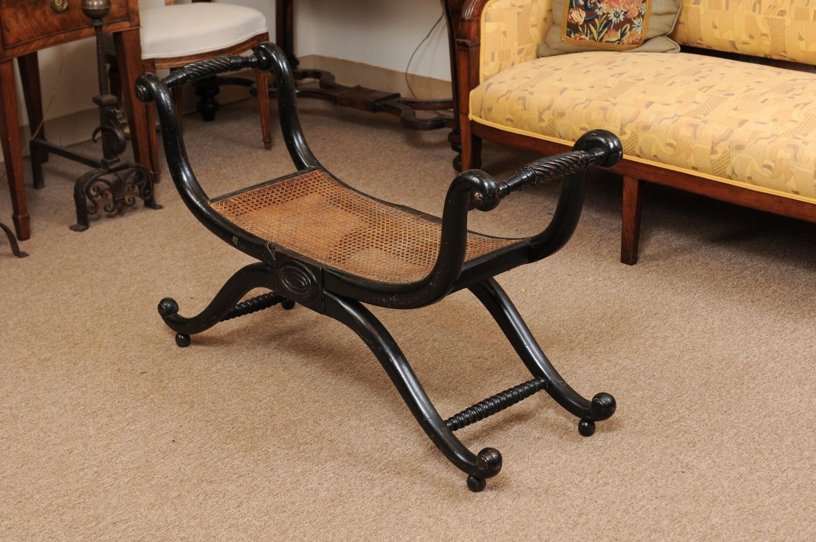 Early Regency English Ebonized and Caned Elongated Curule Stool, circa 1810 4