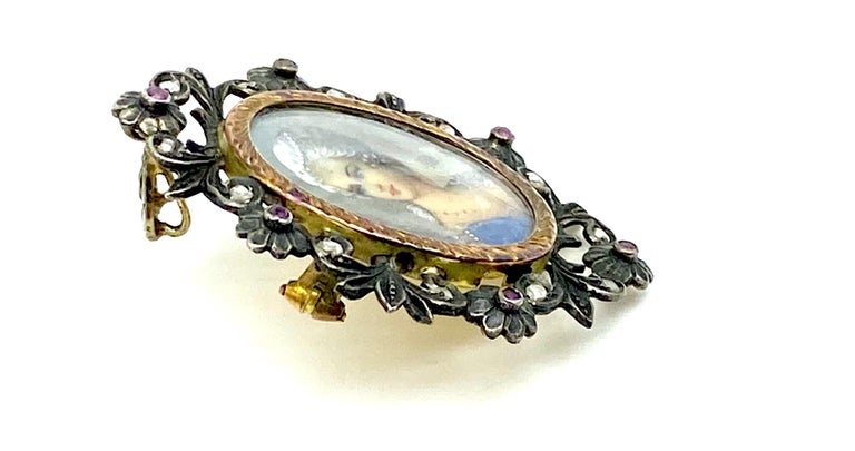 Renaissance Revival Early Renaissance Cameo Painted Pin with Diamonds with Rich Colors For Sale
