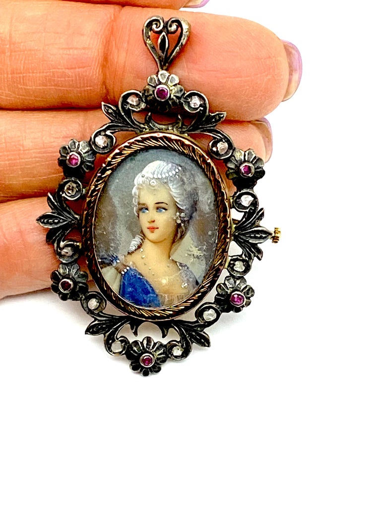 Rough Cut Early Renaissance Cameo Painted Pin with Diamonds with Rich Colors For Sale