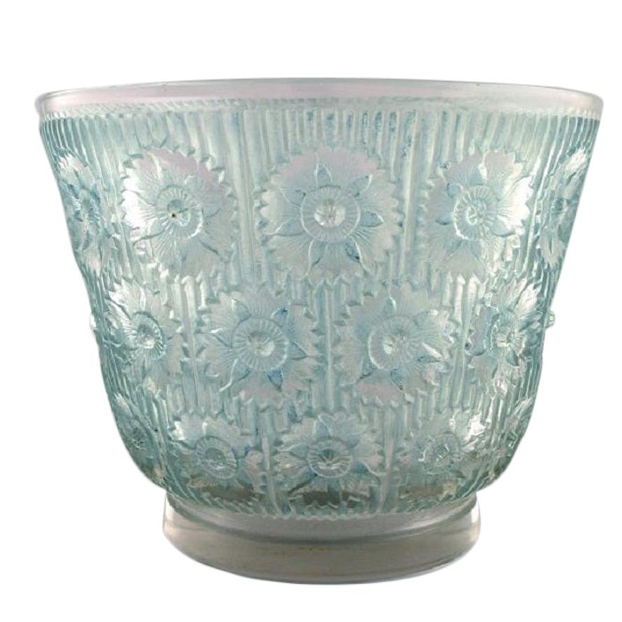 Early René Lalique, Large "Edelweiss" Bowl in Turquoise Art Glass