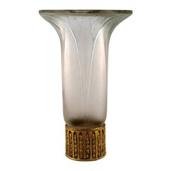 Early René Lalique "Lotus" Vase in Art Glass with Base of Brass