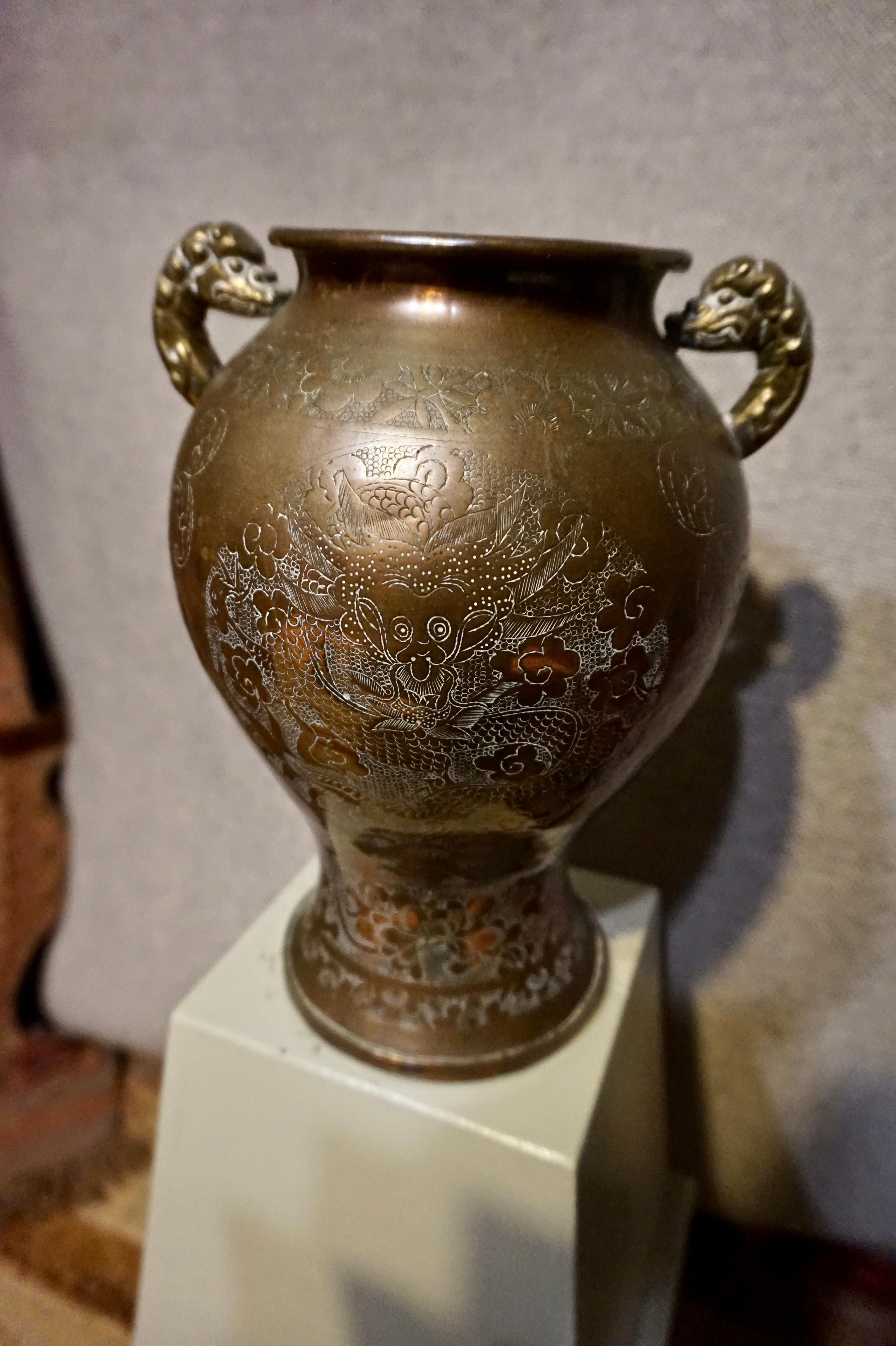 Early Republic Chinese Export Hand Engraved Bronze Vase Dragons 2