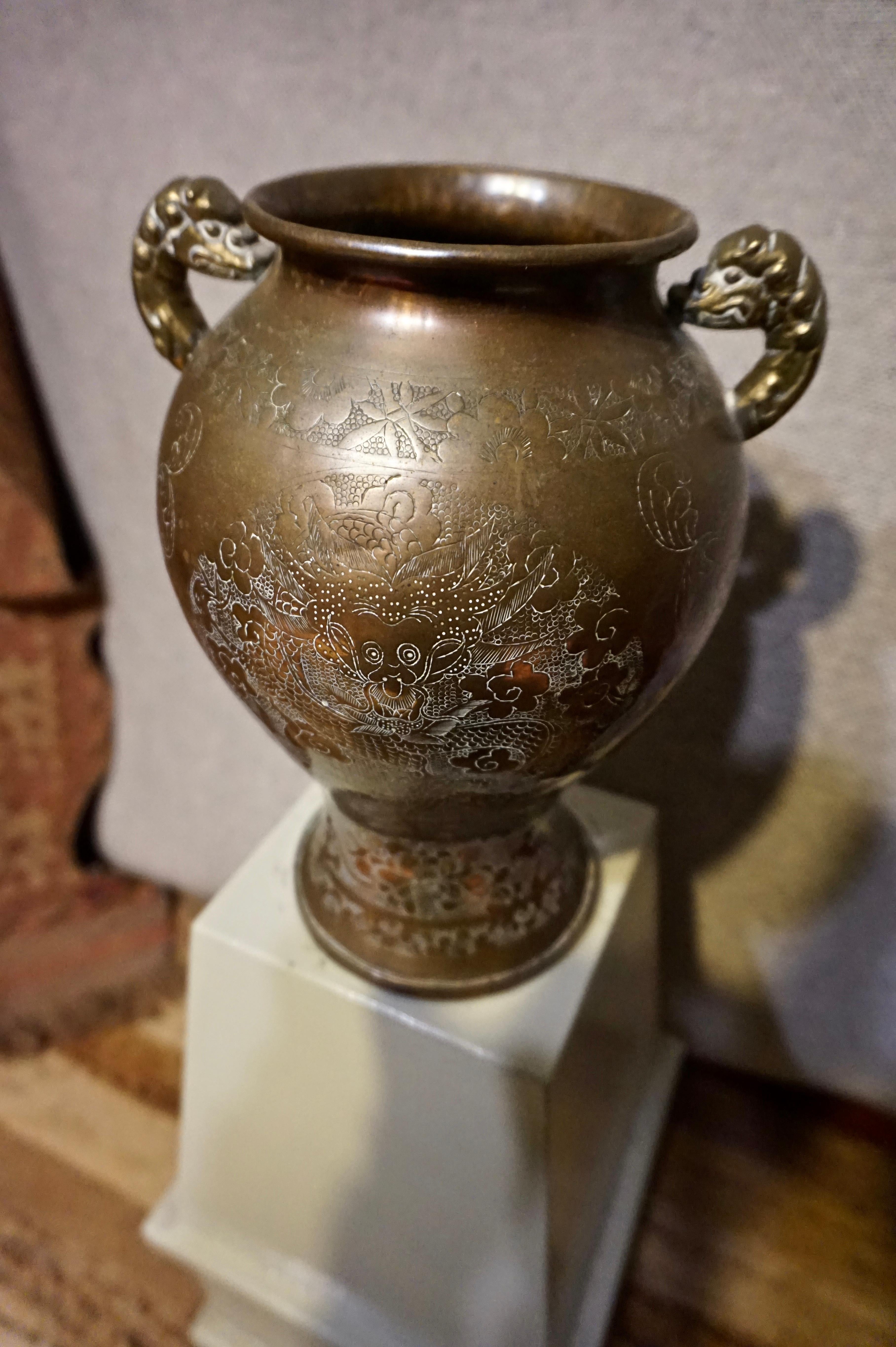Early Republic Chinese Export Hand Engraved Bronze Vase Dragons 3