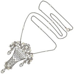Early Retro 1.25 Total Carat Diamond and Pearl Enameled Flower Basket Necklace