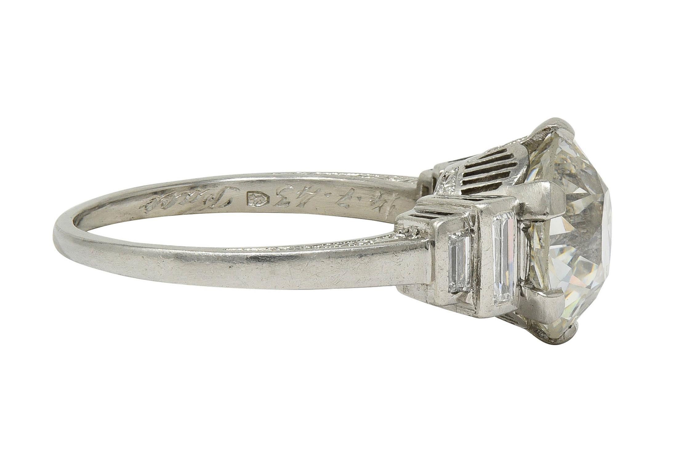 Women's or Men's Early Retro 1943 3.92 CTW Diamond Platinum Vintage Engagement Ring GIA For Sale