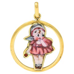 Frühe Retro-Emaille 18 Karat Gold Baby Puppe Charm