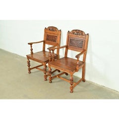 Early Romweber Antique English Jacobean Carved Oak and Burl Wood Armchairs, Pair