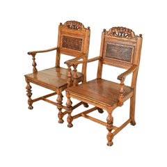 Early Romweber Antique English Jacobean Carved Oak and Burl Wood Armchairs, Pair