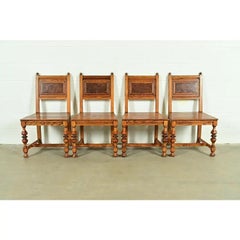Early Romweber Antique English Jacobean Carved Oak and Burl Wood Dining Chairs