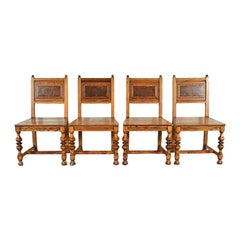 Early Romweber Antique English Jacobean Carved Oak and Burl Wood Dining Chairs