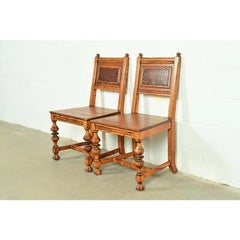 Early Romweber Antique English Jacobean Carved Oak and Burl Wood Side Chairs