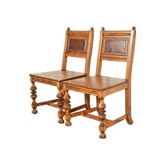 Early Romweber Antique English Jacobean Carved Oak and Burl Wood Side Chairs