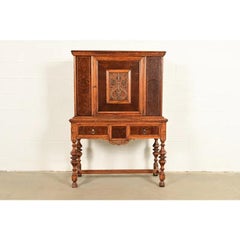 Early Romweber Antique English Jacobean Carved Oak Bar Cabinet, Circa 1900