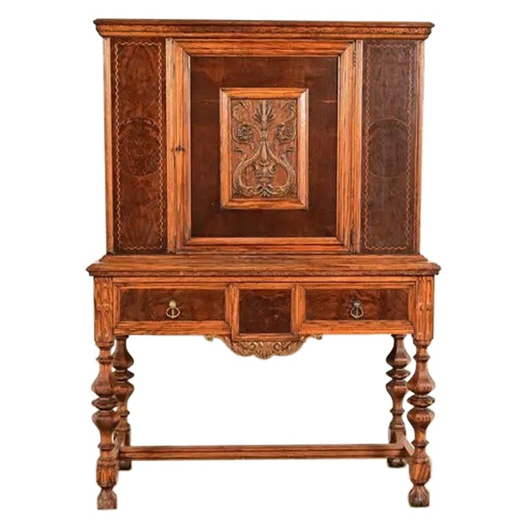 Early Romweber Antique English Jacobean Carved Oak Bar Cabinet, Circa 1900