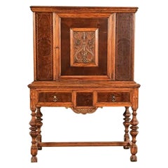 Early Romweber Antique English Jacobean Carved Oak Bar Cabinet, Circa 1900