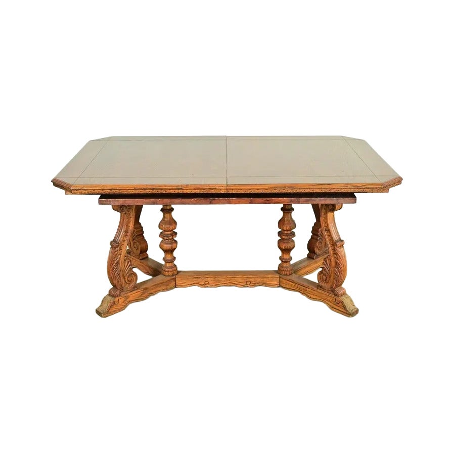 Early Romweber English Jacobean Carved Oak Extension Dining Table, Circa 1900 For Sale