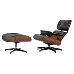 Chaise Longue et Pouf Eames en Bois de Rose Early Rosewood par Herman Miller en Cuir Noir