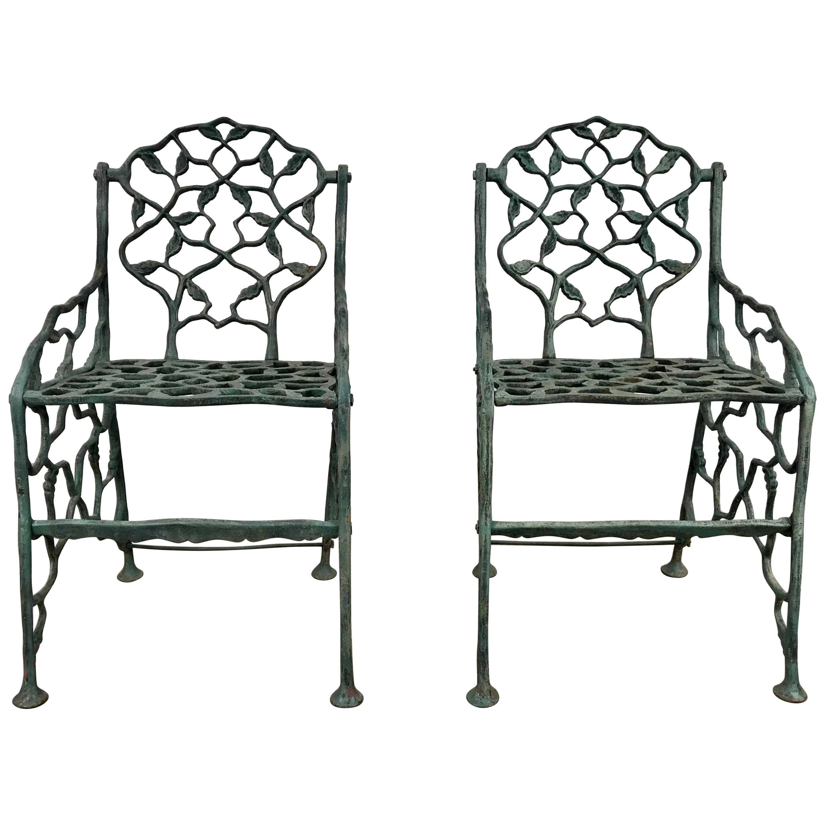 Early Rustic Cast Iron Garden Chairs "Twig" Faux Bois by Fiske