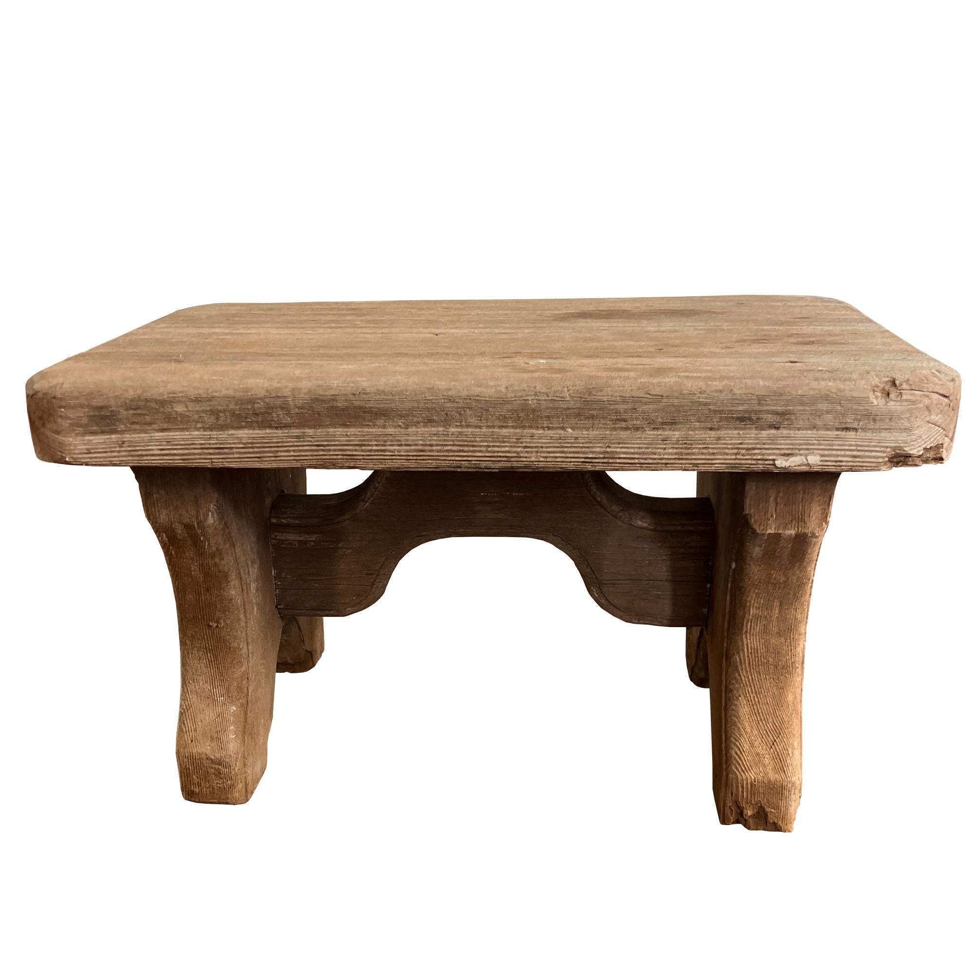 American Early Rustic Wooden Farmhouse Stool, Primitive Carved Milking Bench Late 1900s For Sale