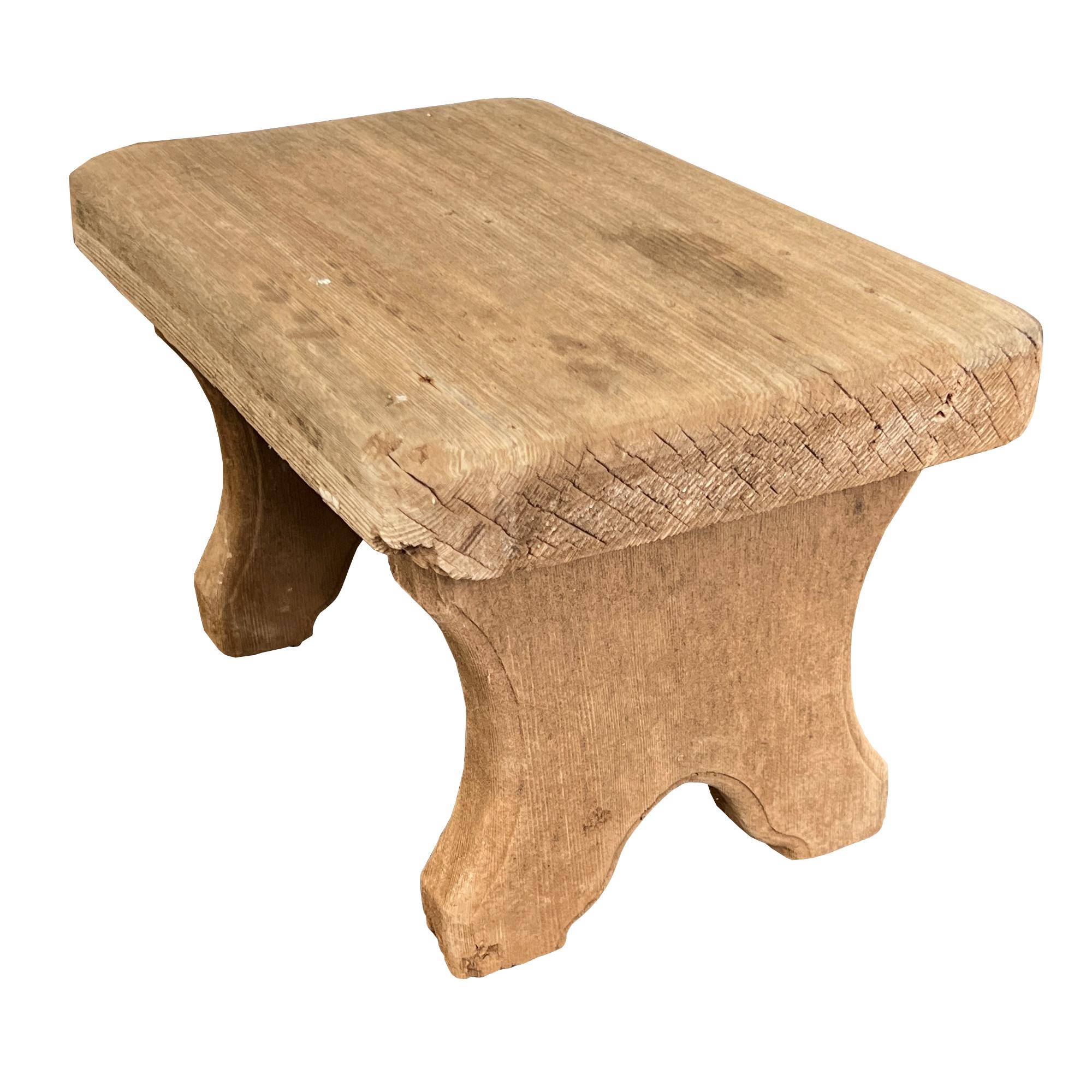 Early Rustic Wooden Farmhouse Stool, Primitive Carved Milking Bench Late 1900s In Good Condition For Sale In Oklahoma City, OK