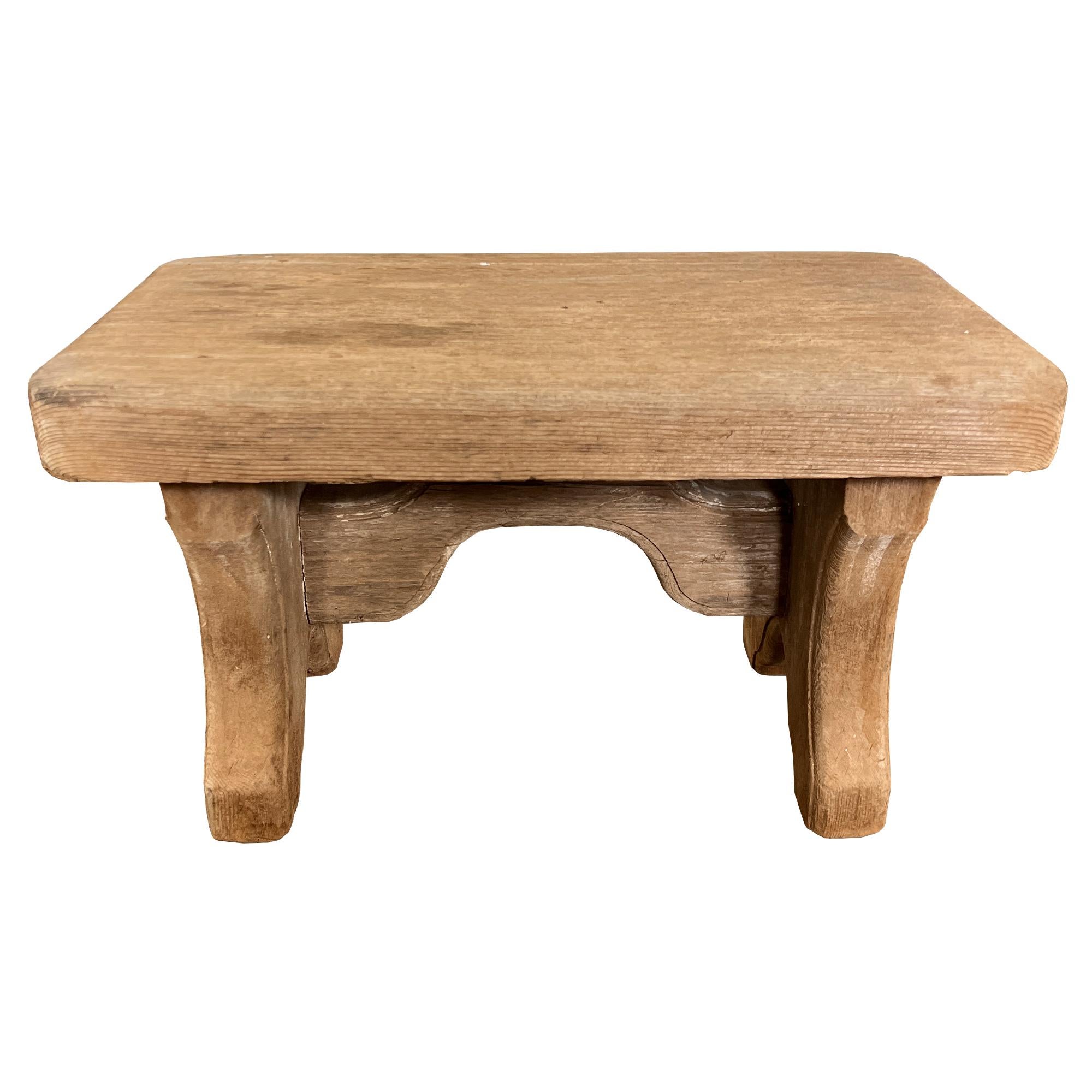 Early Rustic Wooden Farmhouse Stool, Primitive Carved Milking Bench Late 1900s For Sale 1