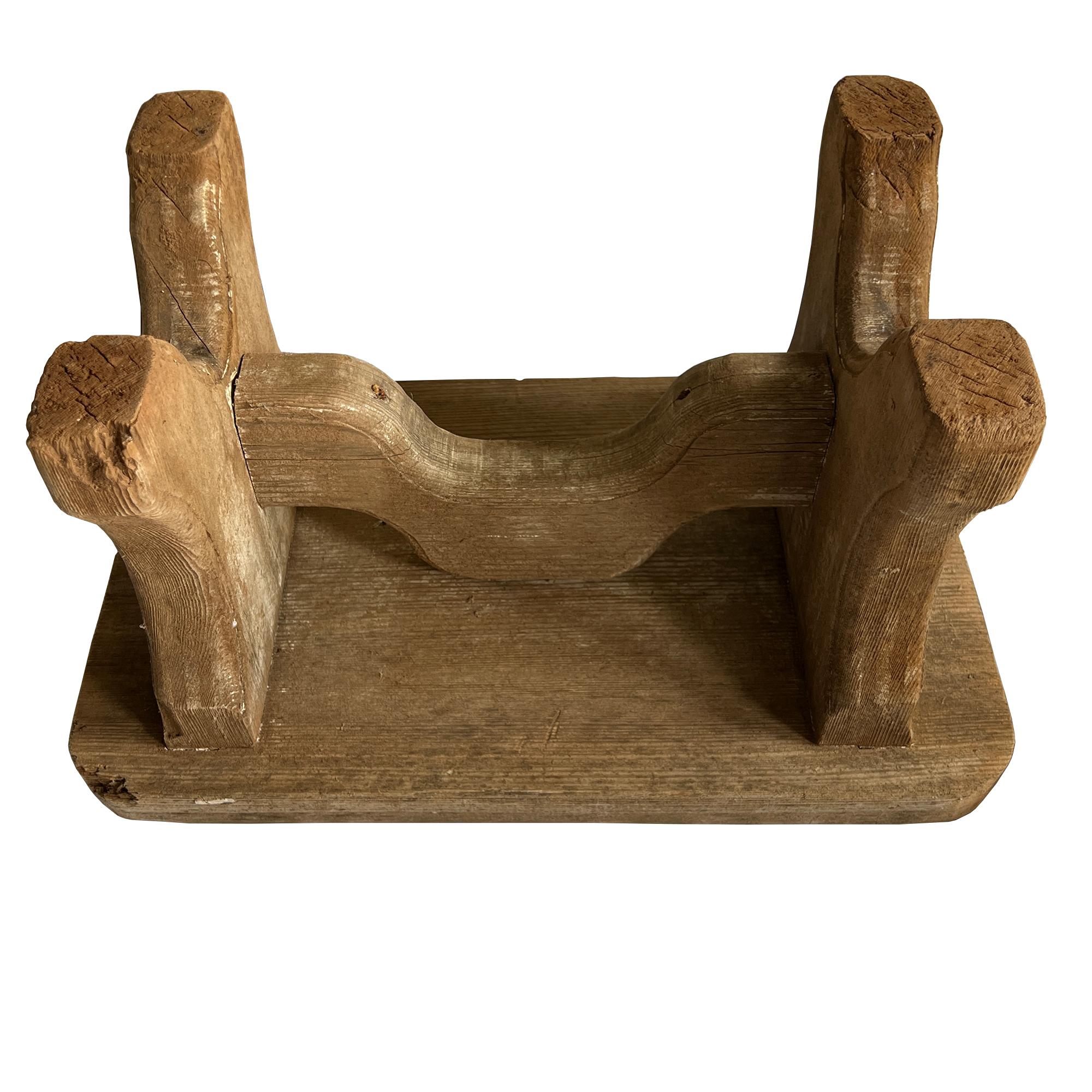 Early Rustic Wooden Farmhouse Stool, Primitive Carved Milking Bench Late 1900s For Sale 3