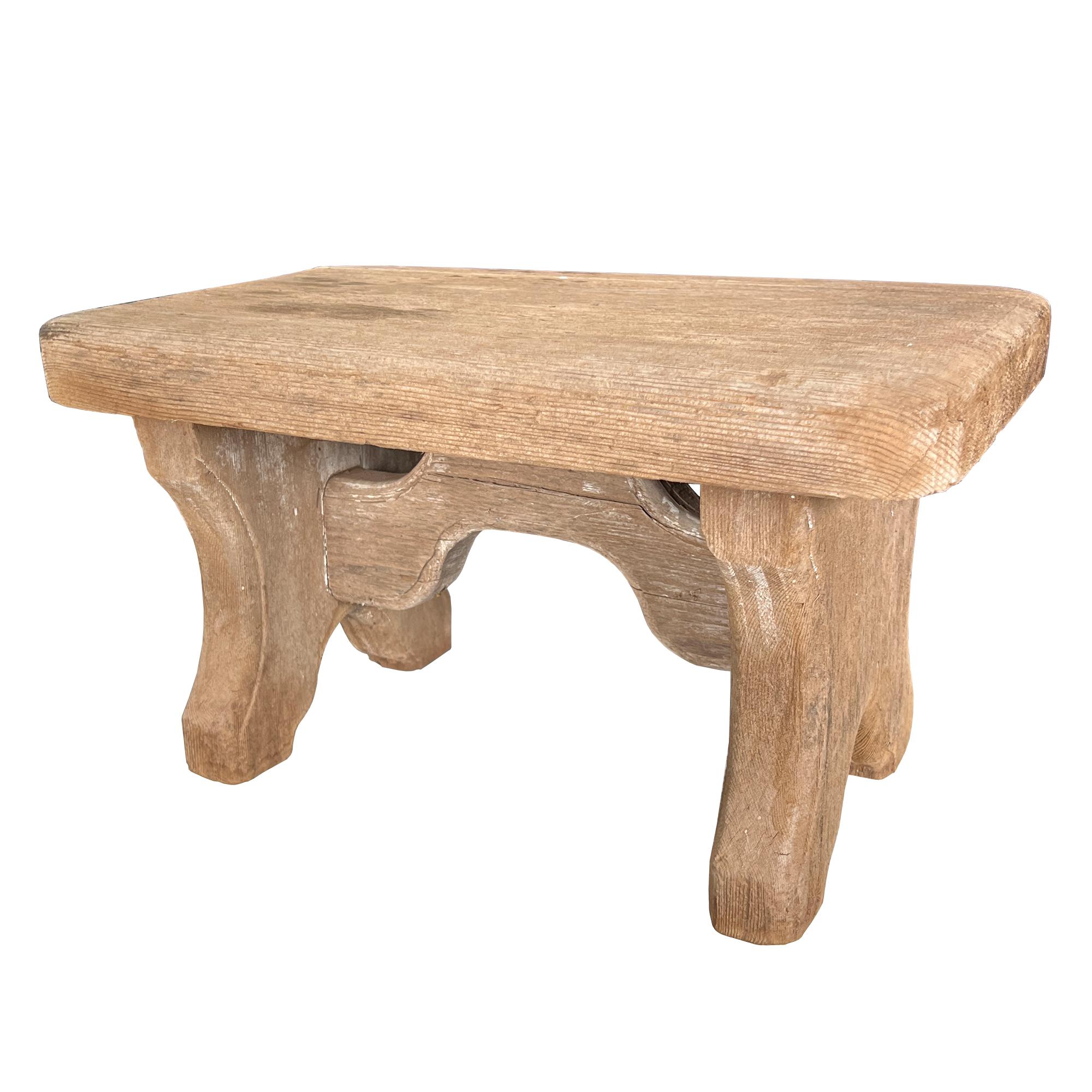 Early Rustic Wooden Farmhouse Stool, Primitive Carved Milking Bench Late 1900s For Sale 4