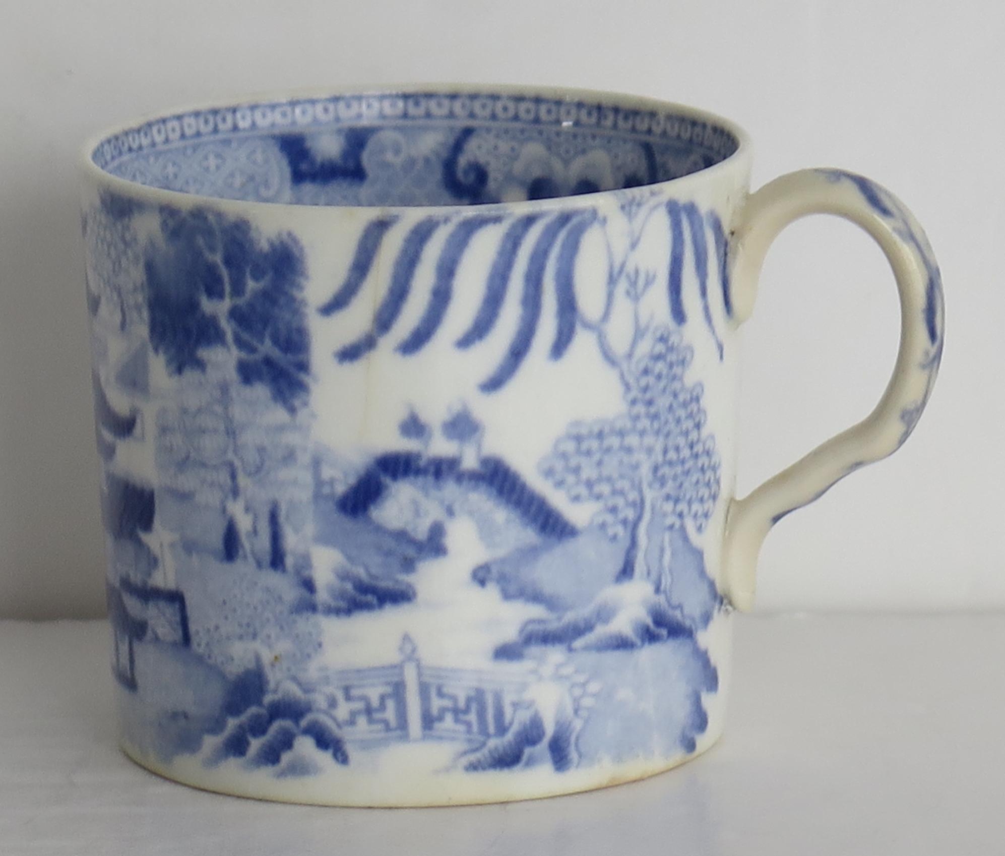 This is a good porcelain coffee can from the factory of S & J Rathbone, with a transfer printed Blue & White Broseley pattern, made very early in the 19th century, George 111 period, circa 1805.

The coffee can has the distinctive loop handle with