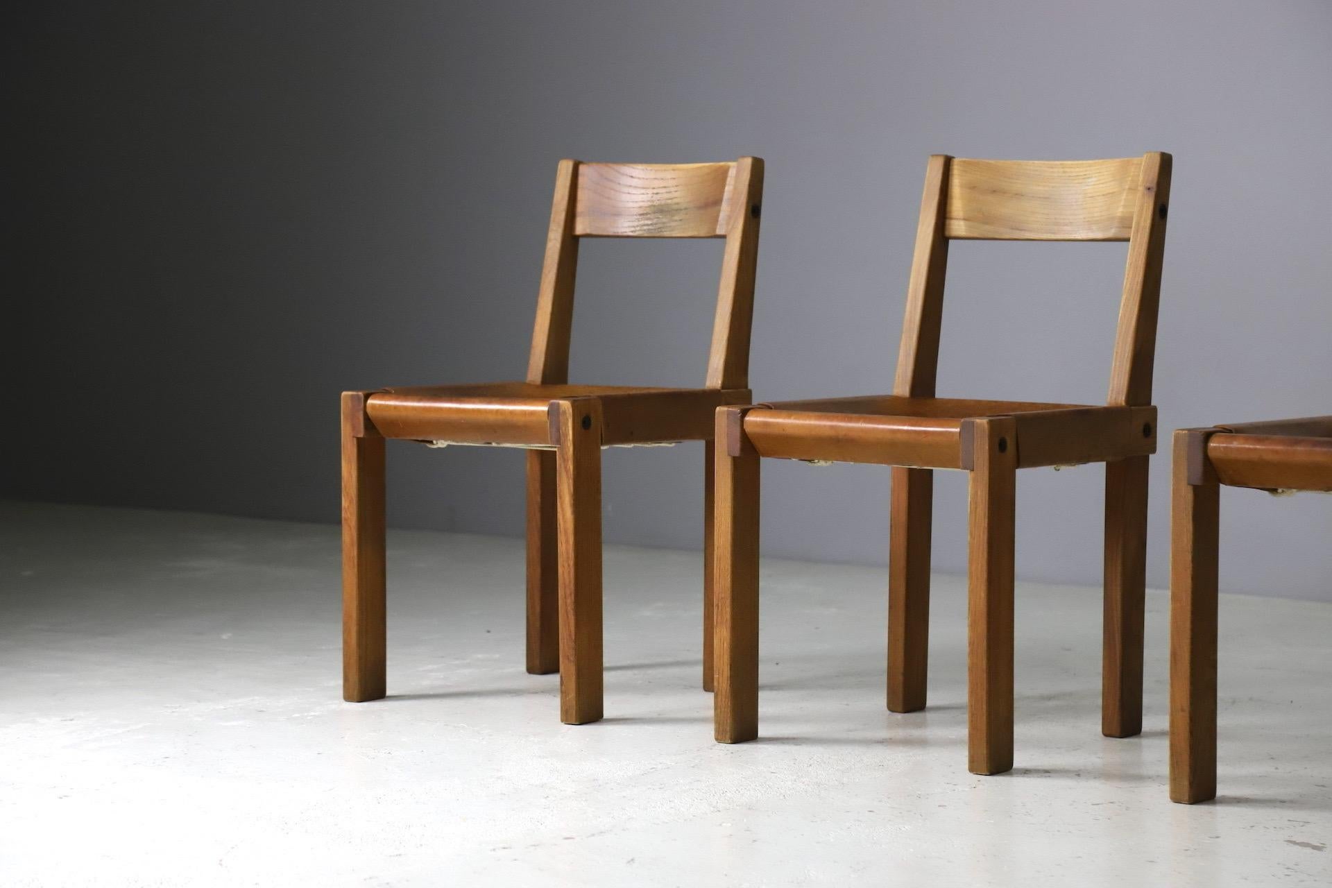 Early S24 chairs & T14 dining table by Pierre Chapo in solid elm, France 1970s 4