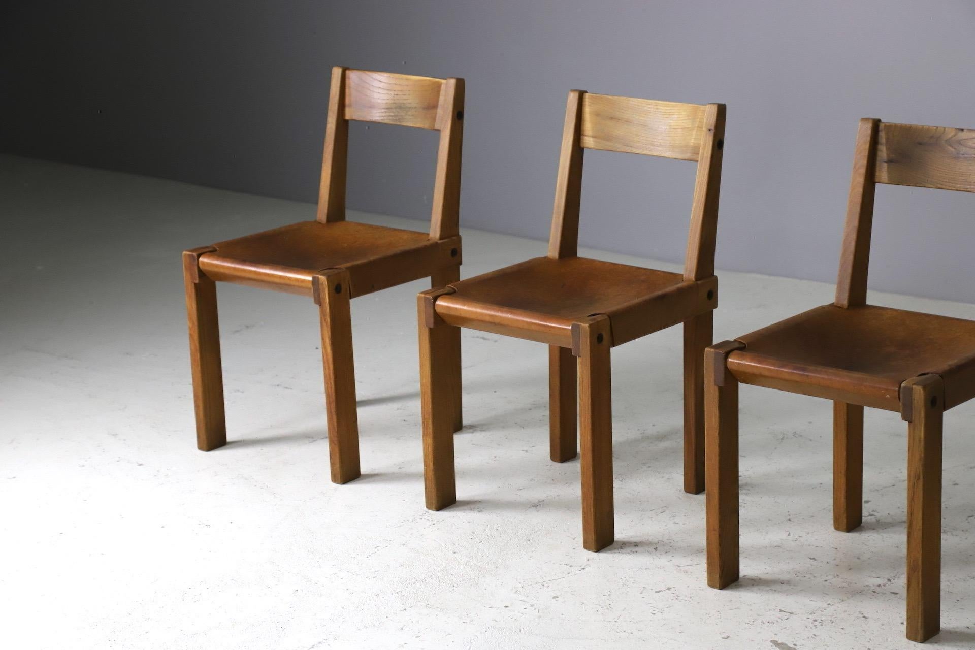 Early S24 chairs & T14 dining table by Pierre Chapo in solid elm, France 1970s 9