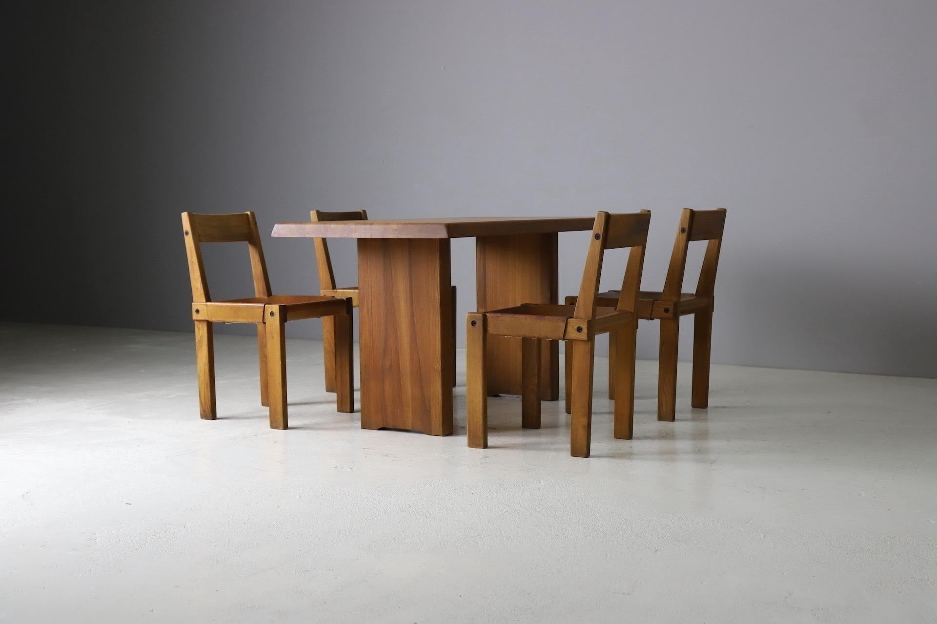 Mid-Century Modern Early S24 chairs & T14 dining table by Pierre Chapo in solid elm, France 1970s