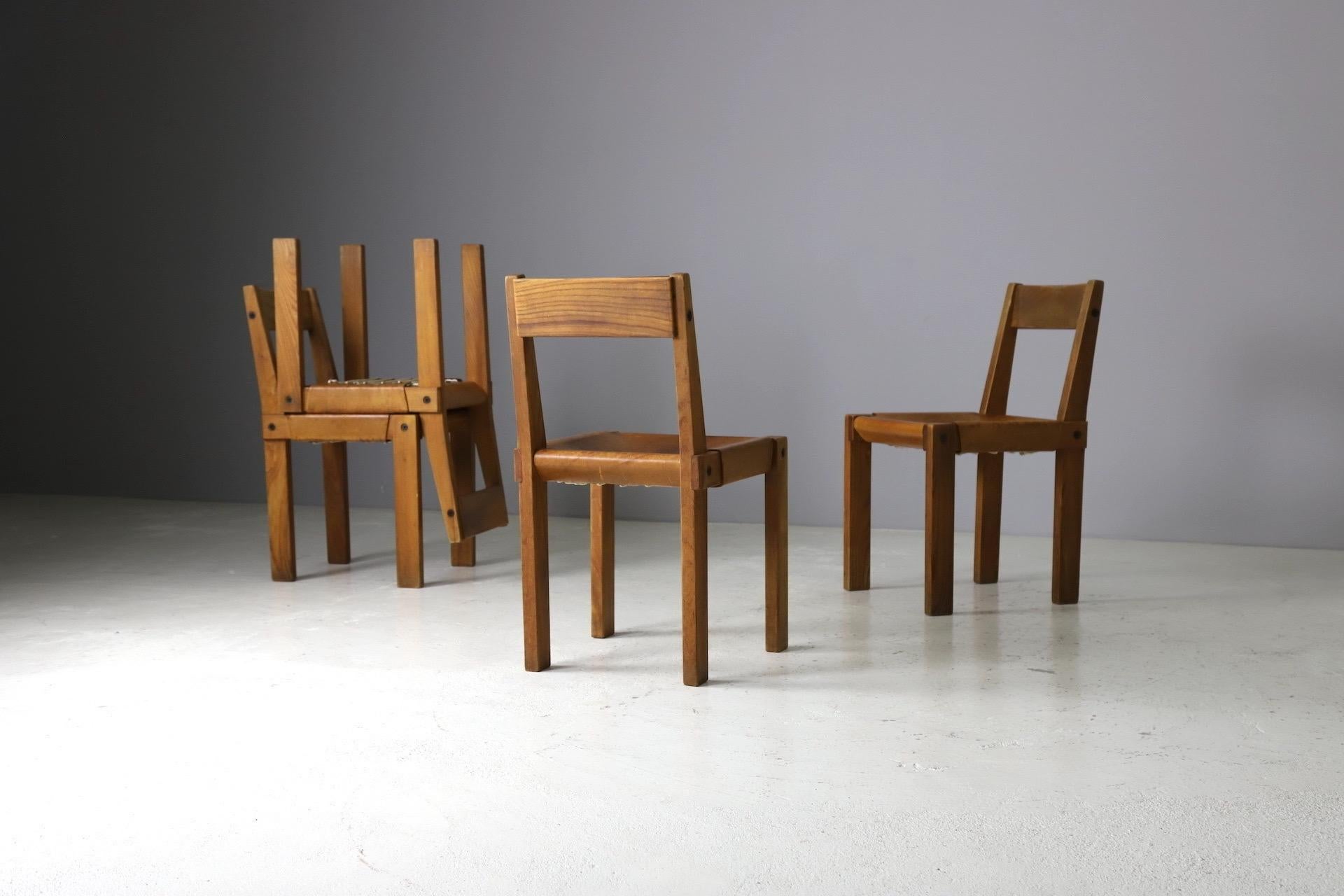 Early S24 chairs & T14 dining table by Pierre Chapo in solid elm, France 1970s 2