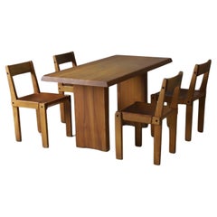 Early S24 chairs & T14 dining table by Pierre Chapo in solid elm, France 1970s