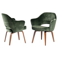 Early Saarinen Executive Arm Chairs in Moss Silk Mohair with Walnut Legs, Pair