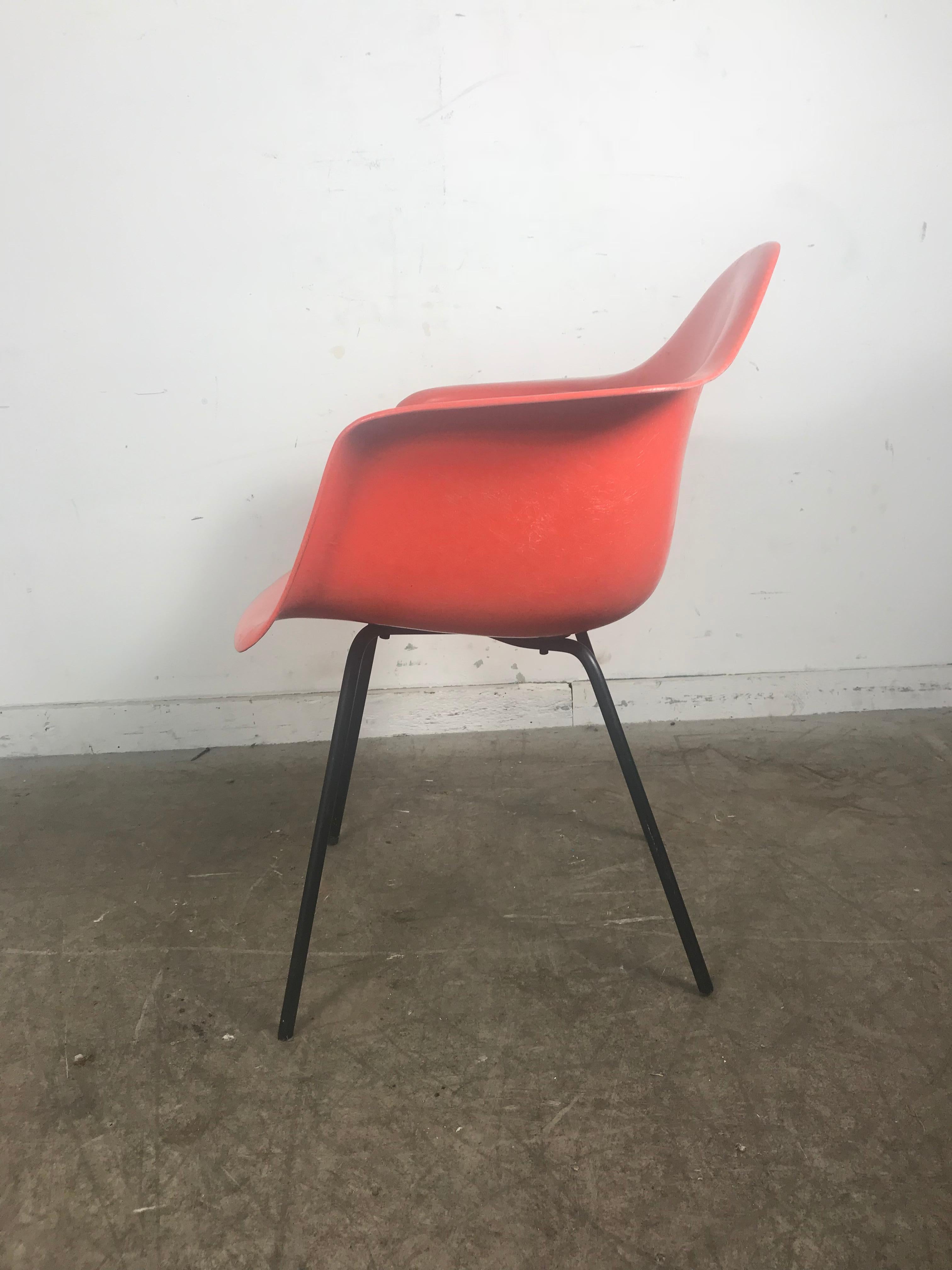 Early Salmon color Charles and Ray Eames Arm Shell Chair, 2nd generation X base For Sale 1