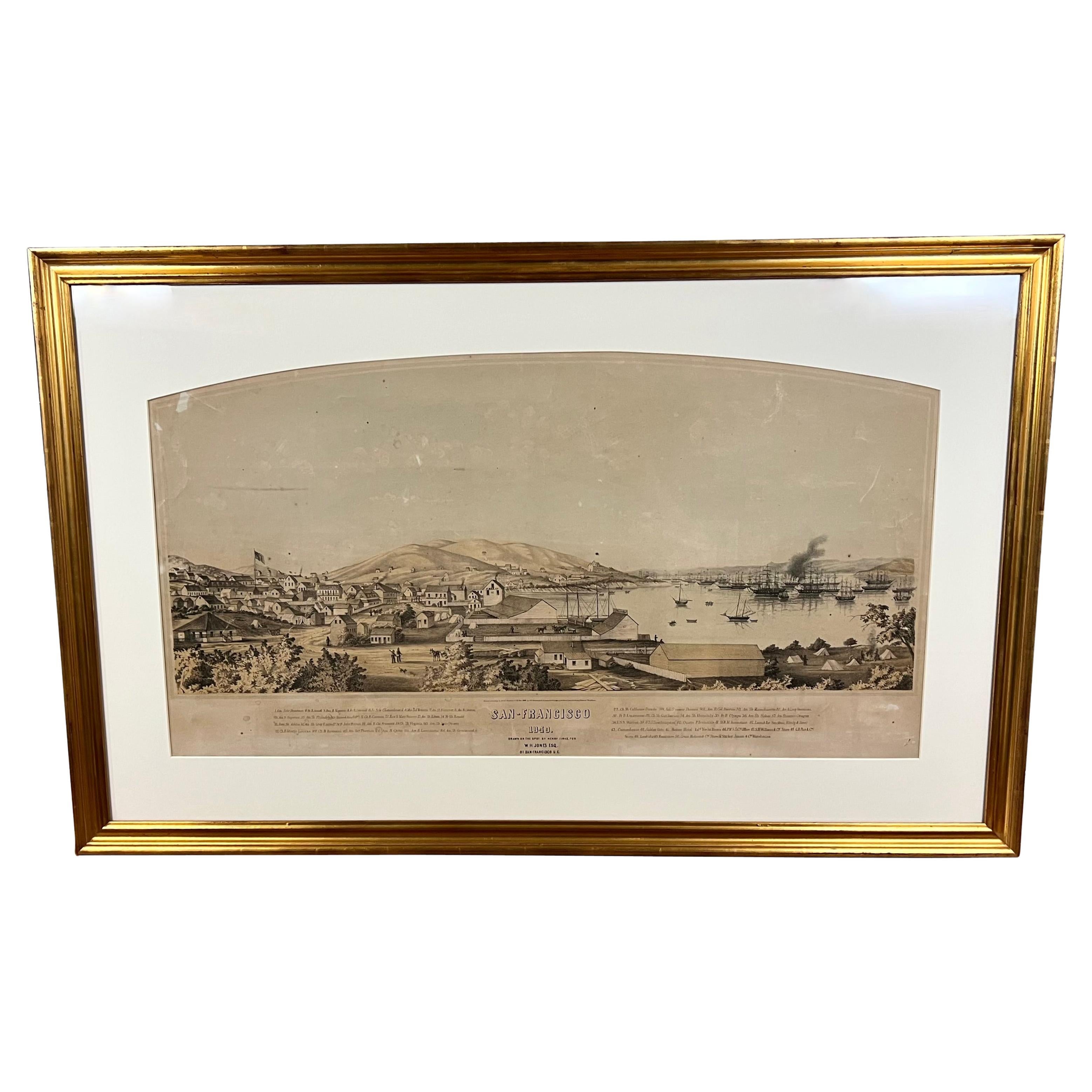 Vue lithographique teintée de San Francisco, réalisée pendant la ruée vers l'or, montrant une vue panoramique du front de mer de la baie depuis le sud, le long de Montgomery Street, jusqu'à Telegraph Hill. La lithographie représente des bateaux