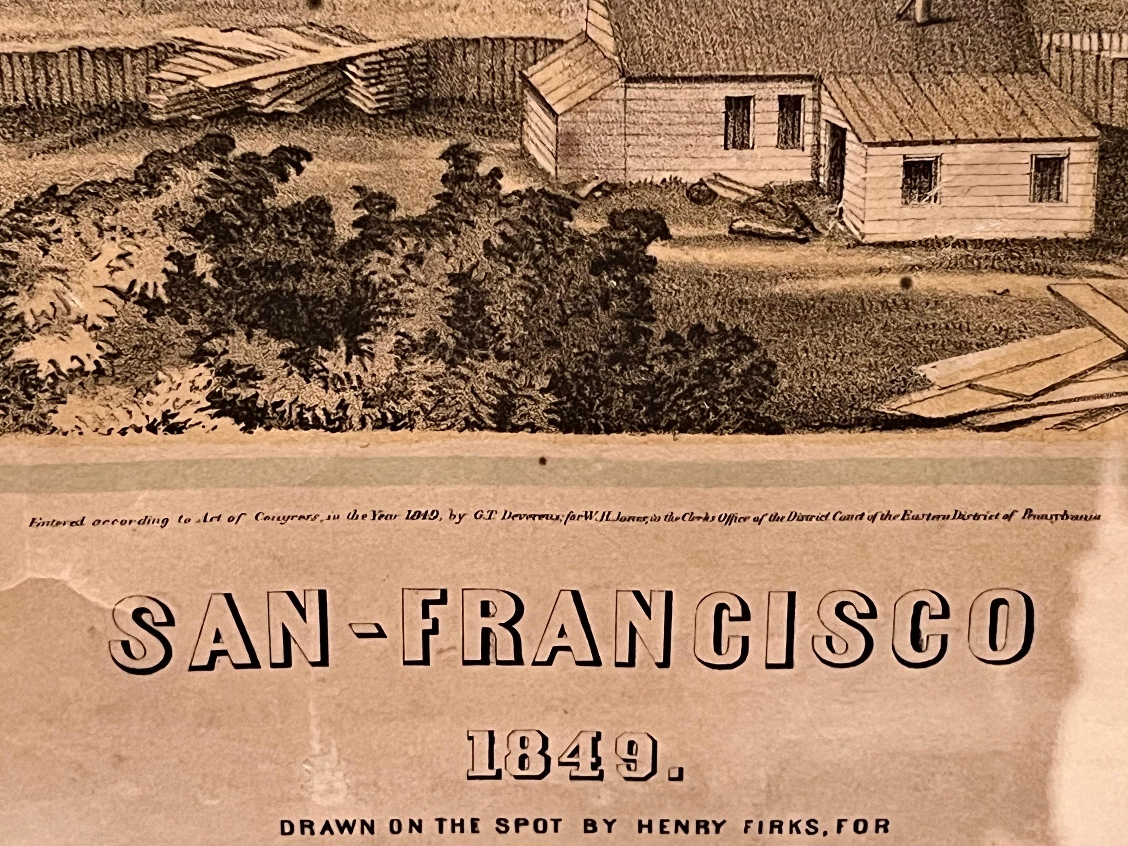XIXe siècle vue du début de San Francisco par Henry Firks imprimé par W.H. Jones en 1849 en vente