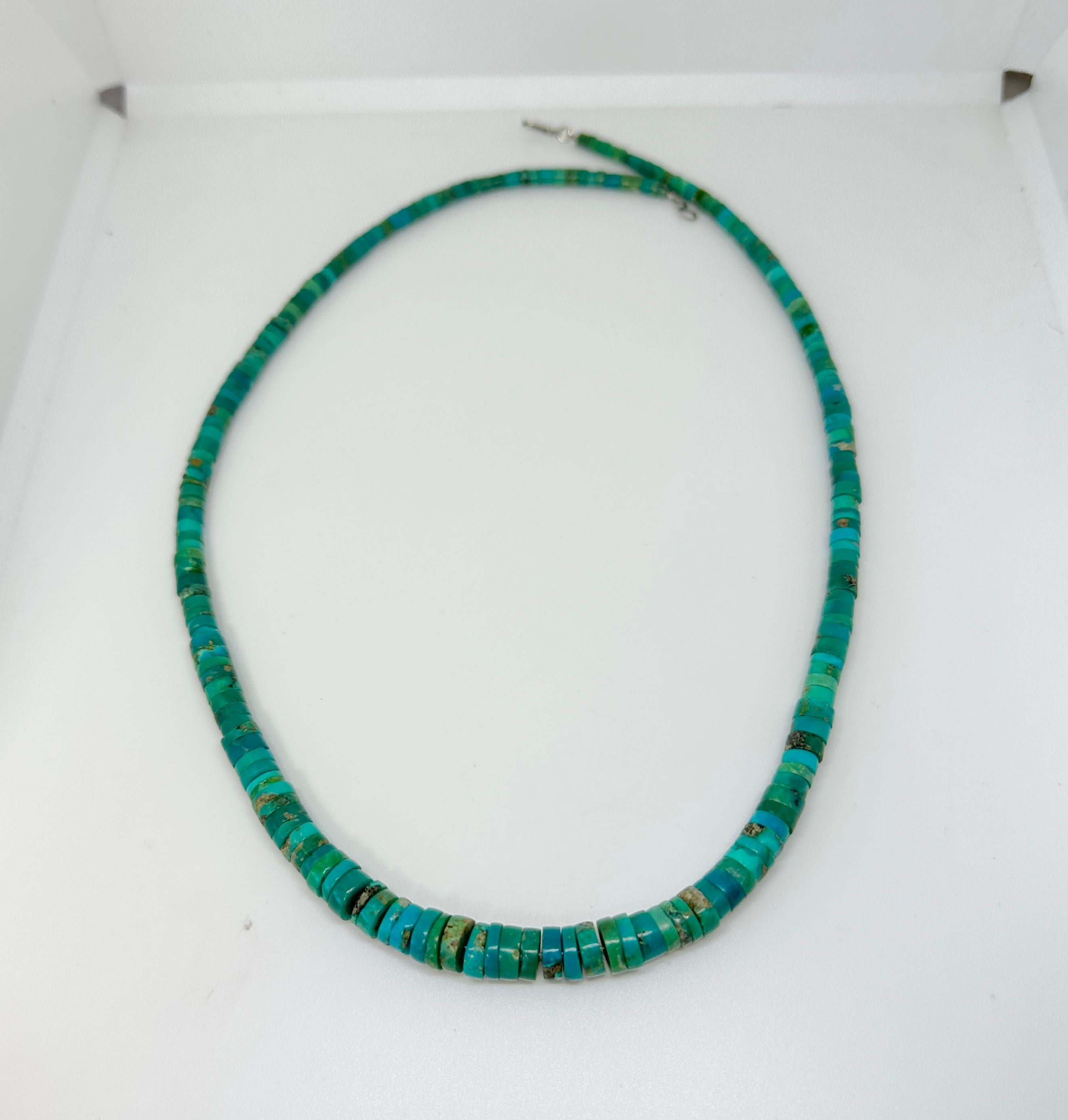 Native American Early Santo Domingo Pueblo Greasy Caribbean Blue Green Heishi Turquoise Necklace For Sale