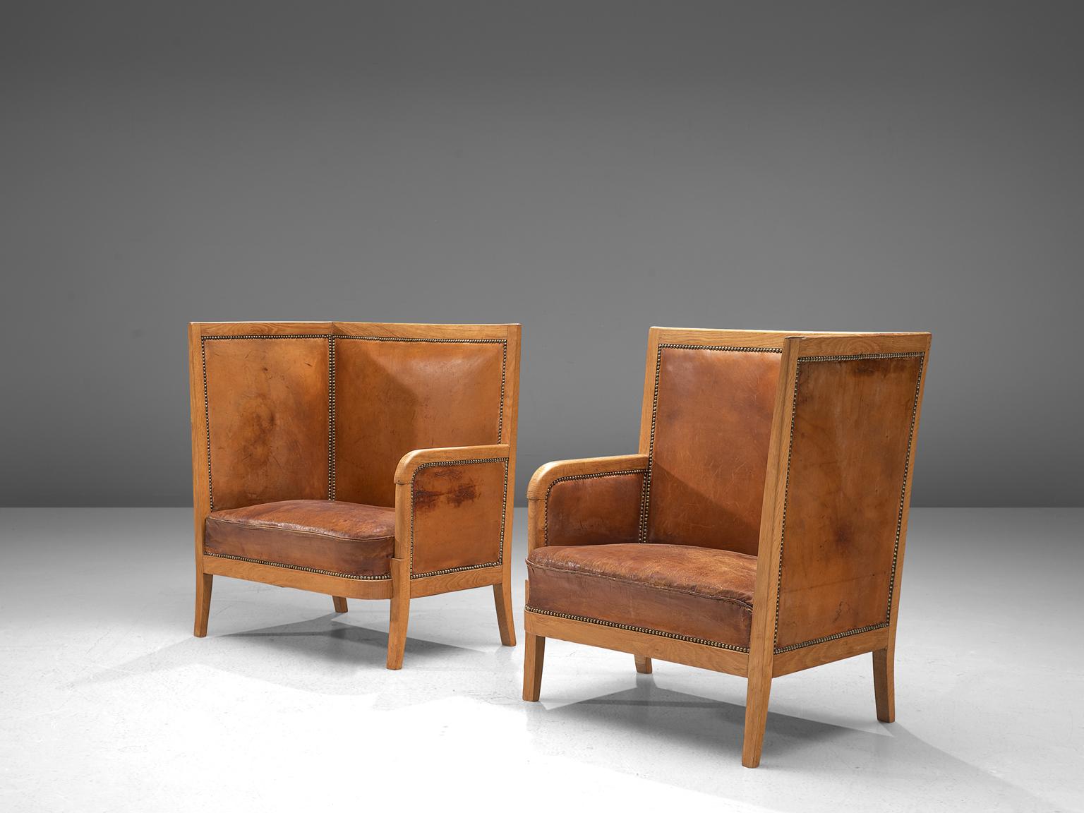 Mid-Century Modern Early Scandinavian Cognac High Back Chairs, circa 1940