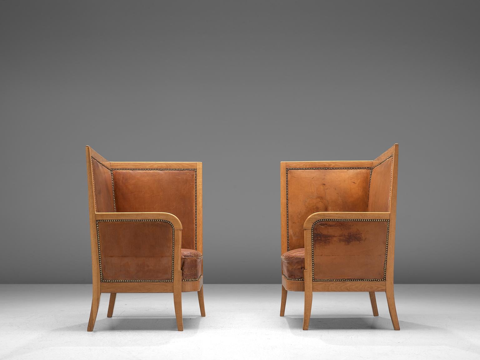 Mid-20th Century Early Scandinavian Cognac High Back Chairs, circa 1940