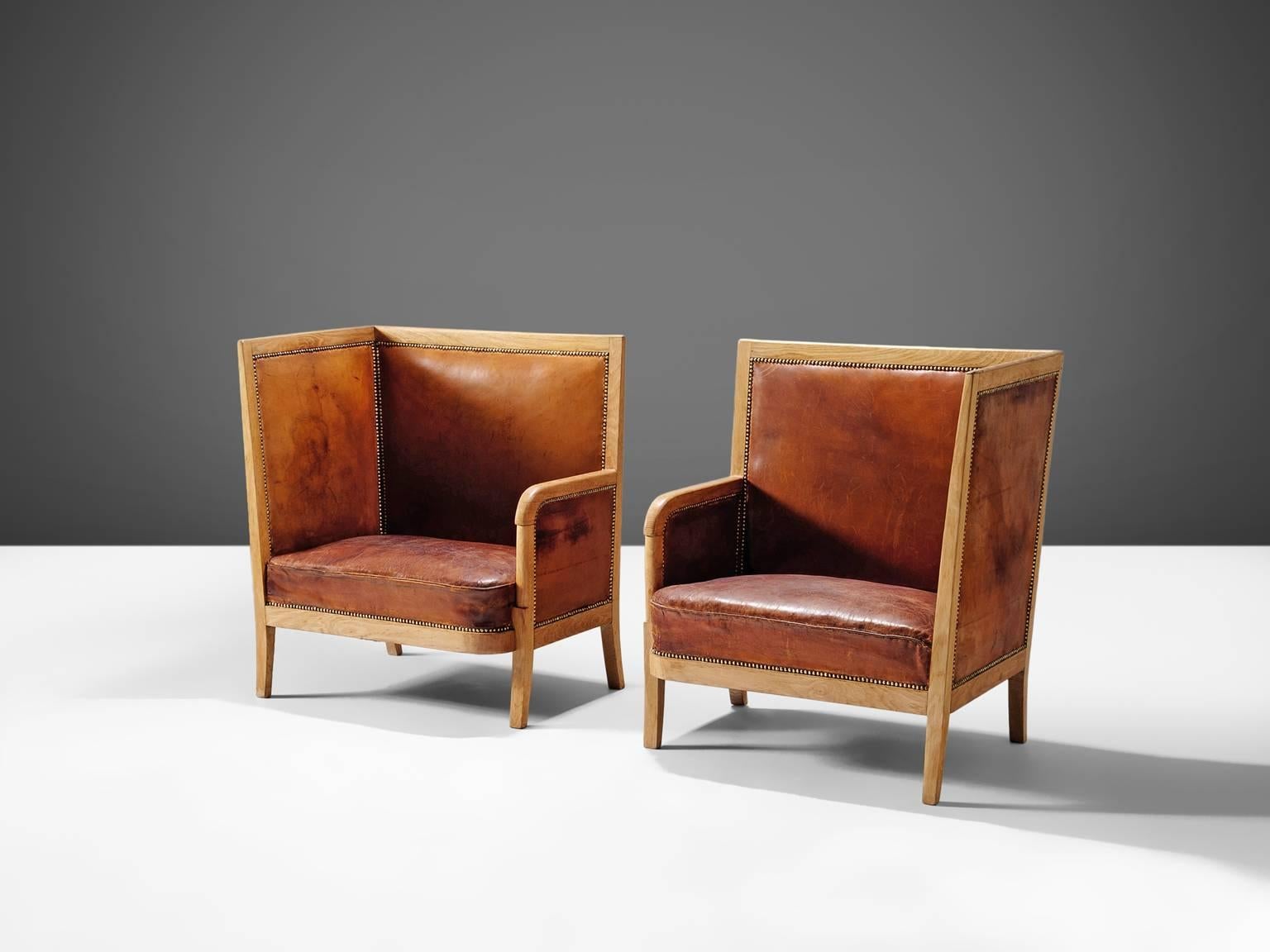 Mid-Century Modern Early Scandinavian Cognac High Back Chairs, circa 1940