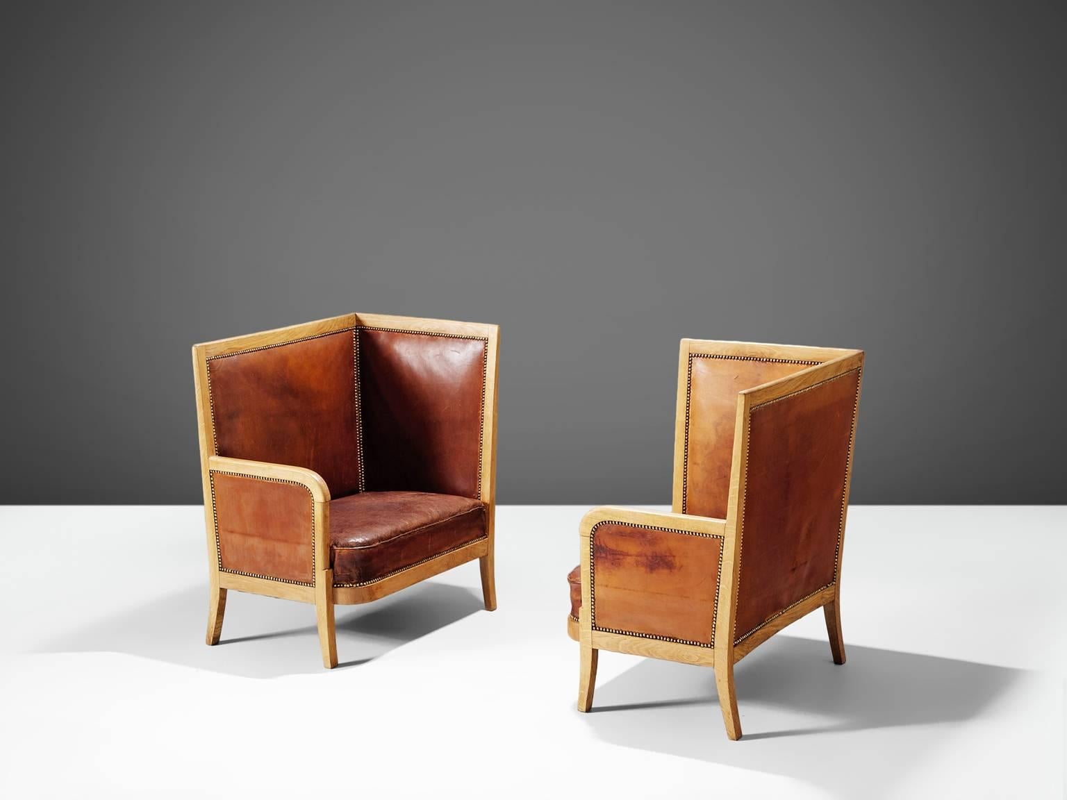 Mid-20th Century Early Scandinavian Cognac High Back Chairs, circa 1940