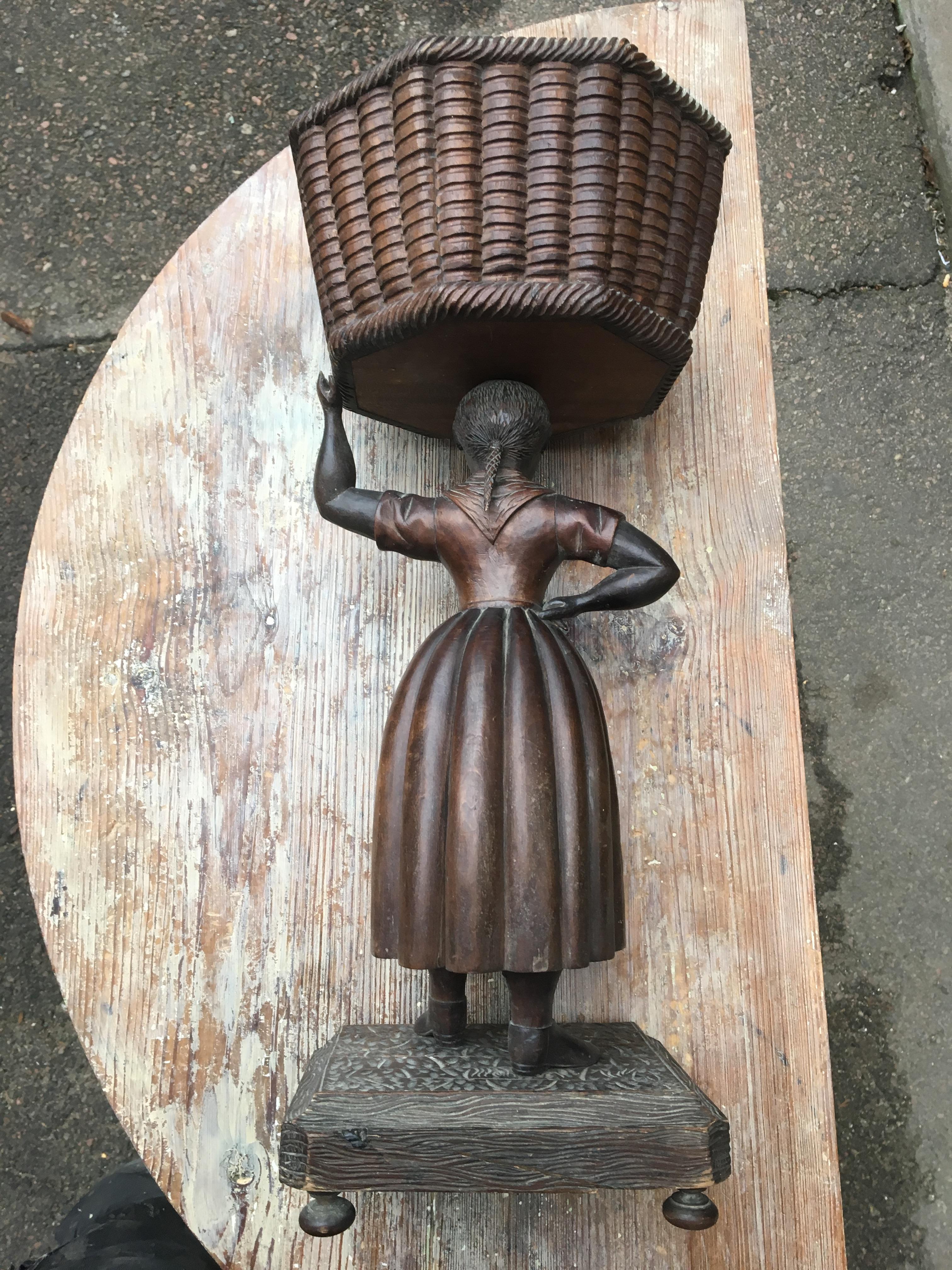 Folk Art Early Wooden Sculpture Of Basket-Carrying Lady