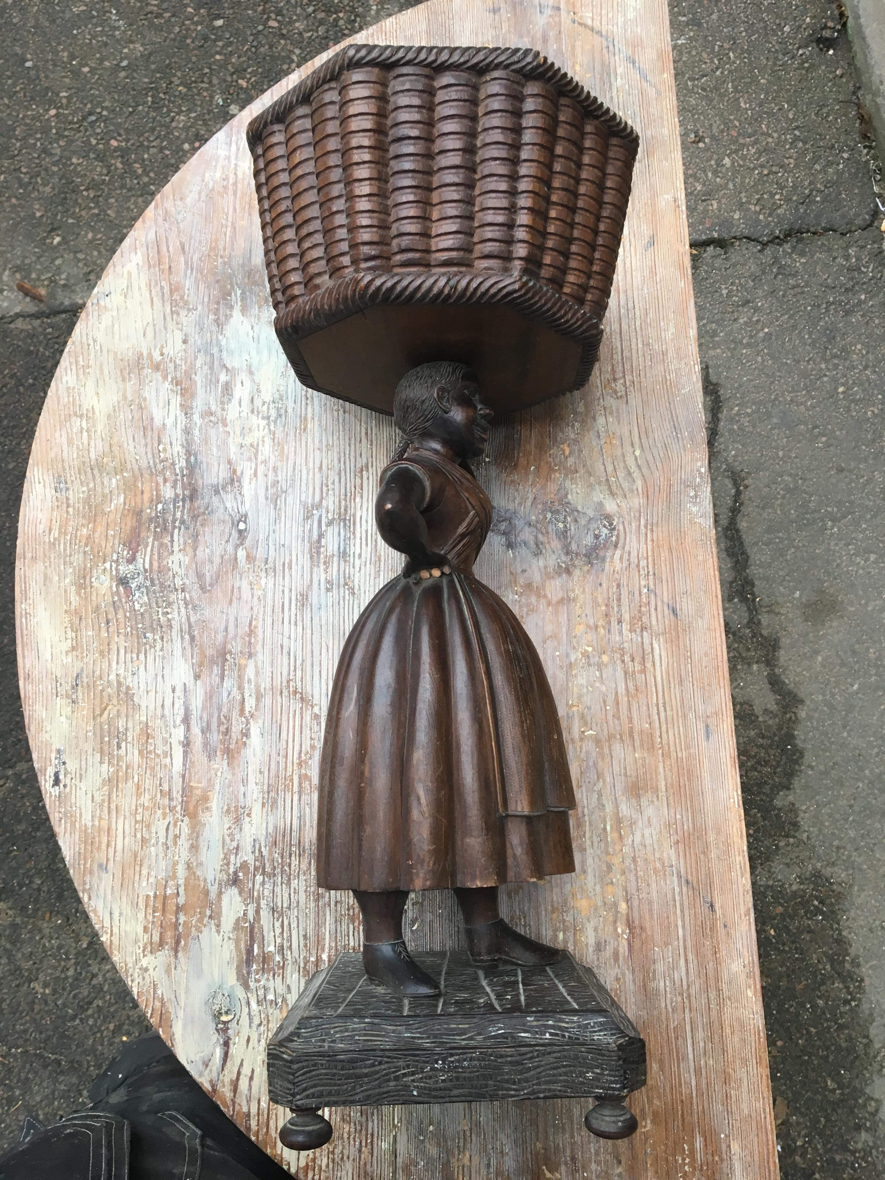 French Early Wooden Sculpture Of Basket-Carrying Lady