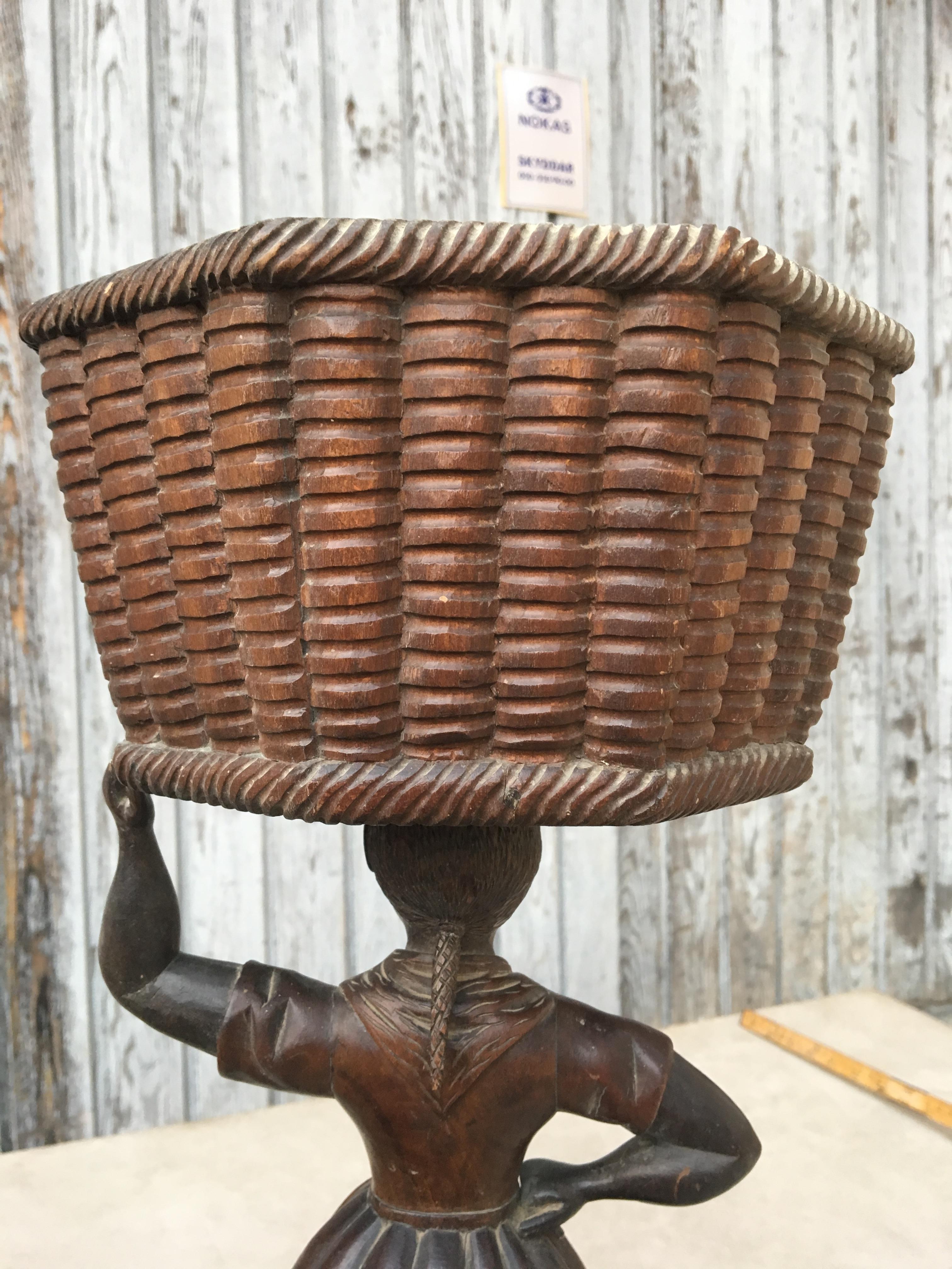 Hand-Carved Early Wooden Sculpture Of Basket-Carrying Lady