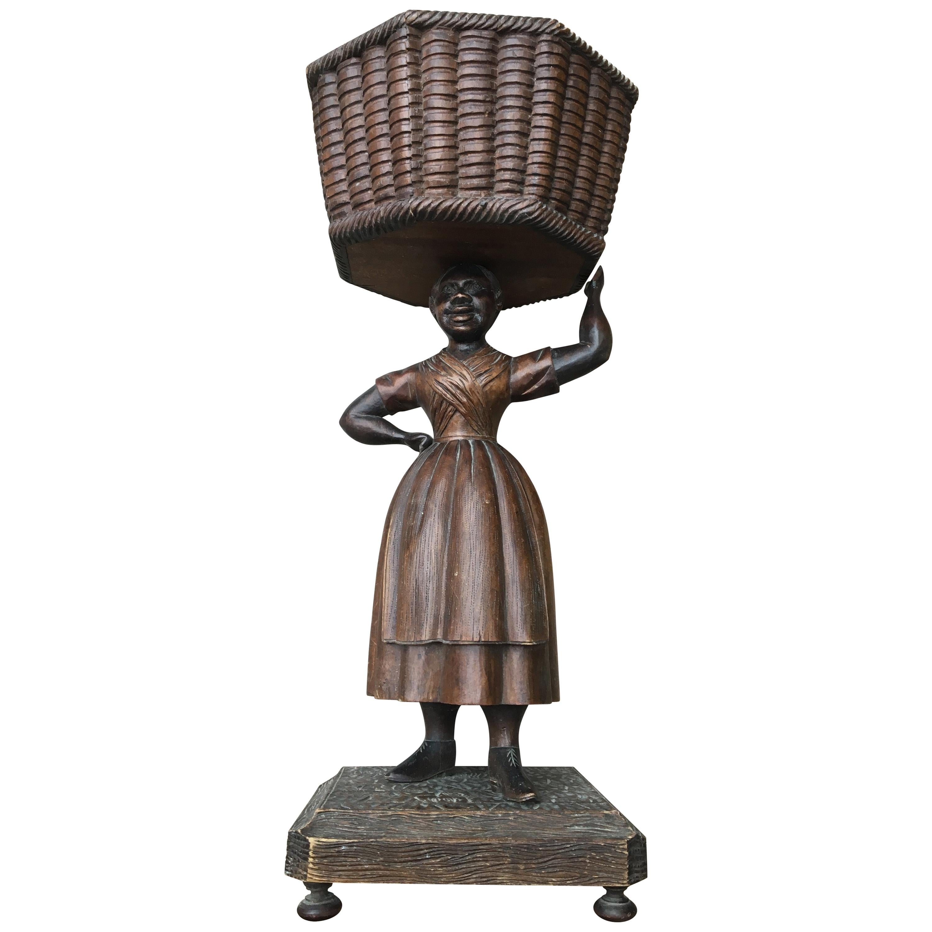 Early Wooden Sculpture Of Basket-Carrying Lady