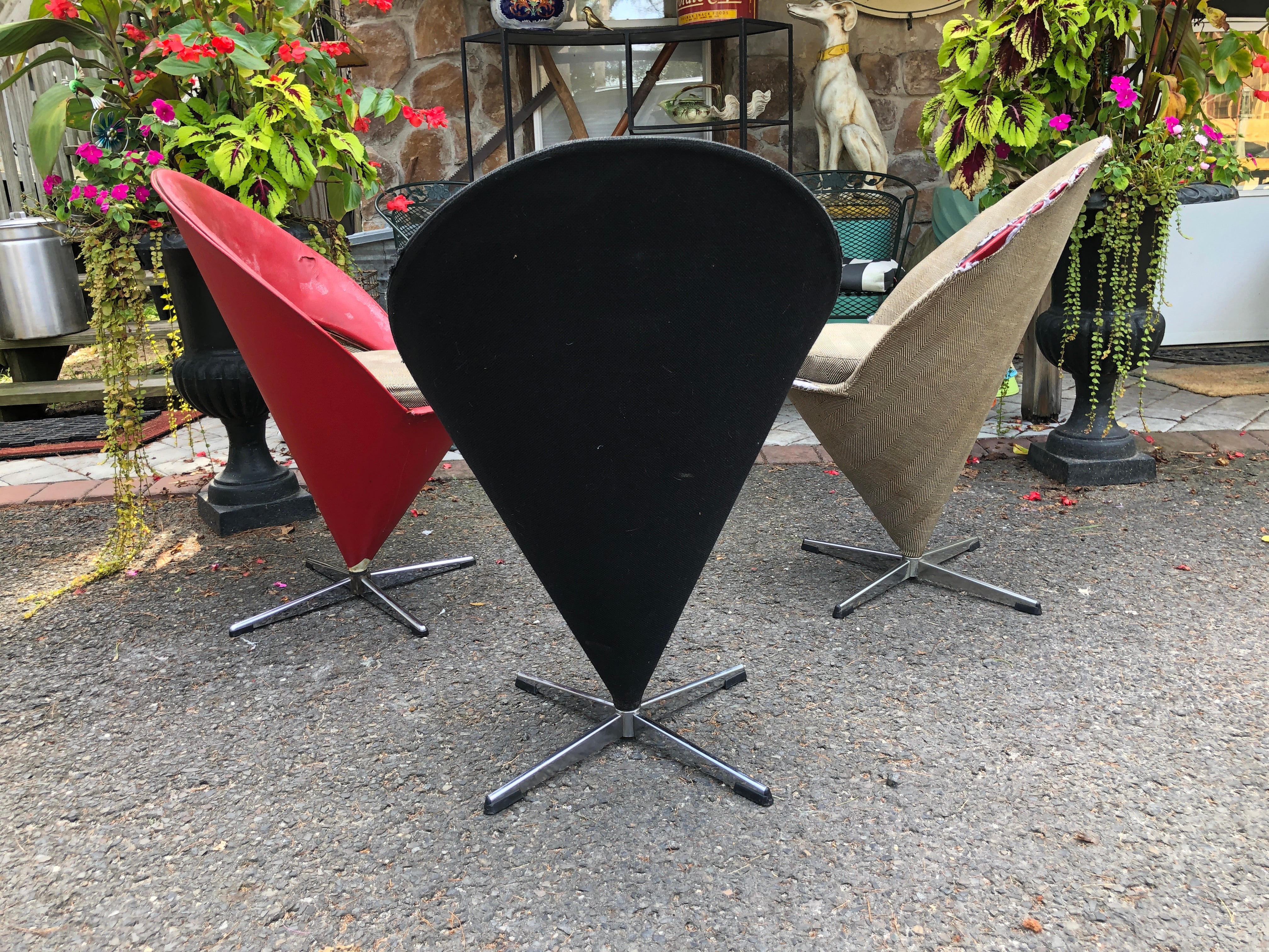 Set of 3 original sixties production Panton cone chairs with original fabric in fair condition.  Iconic chairs, comfortable as side chair or dining chair. Out of this world!  designed in 1958 by Verner Panton, one of Denmark's most influential