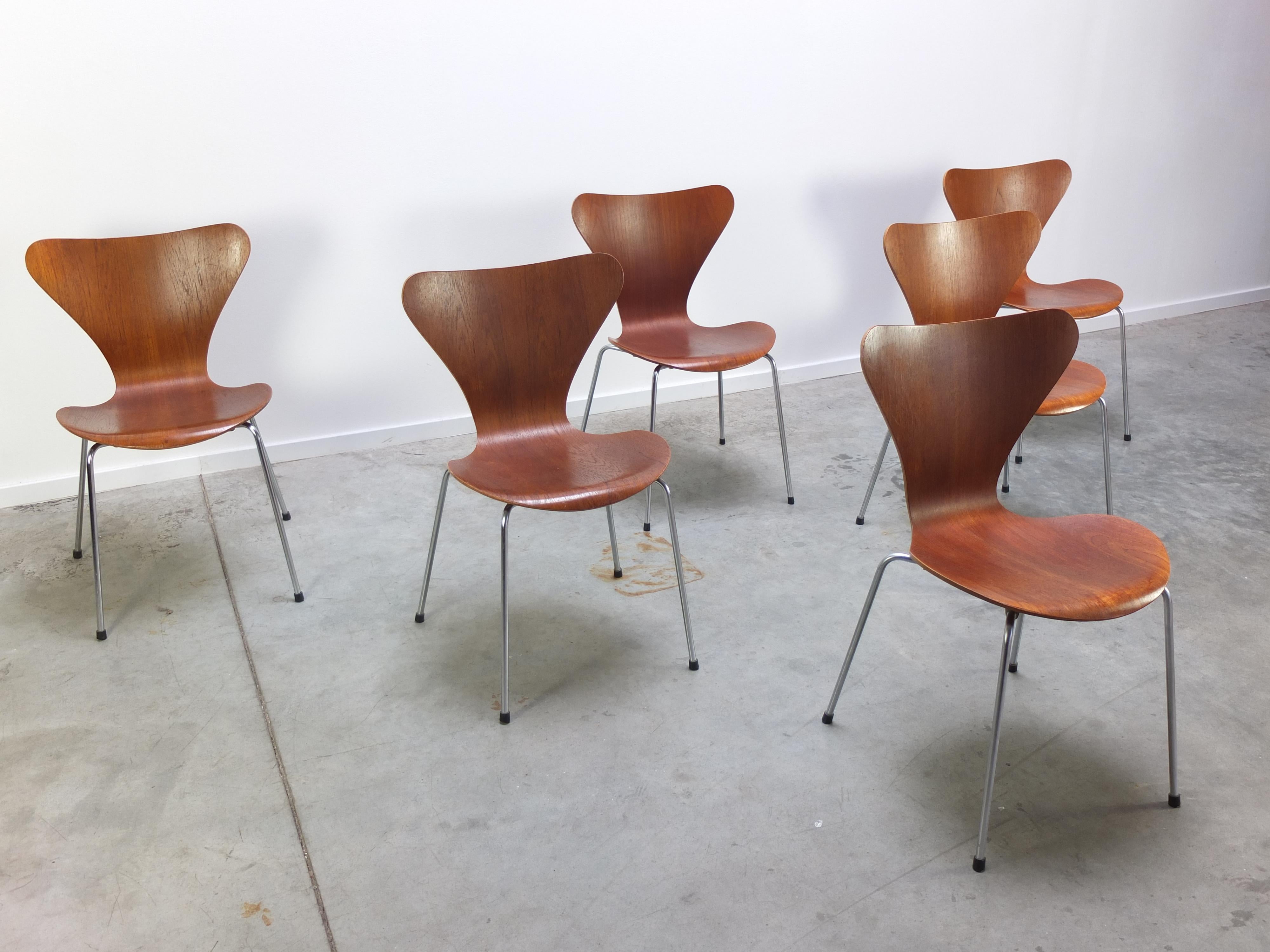 Danish Early Set of 6 Teak 'Series 7' Chairs by Arne Jacobsen for Fritz Hansen, 1955