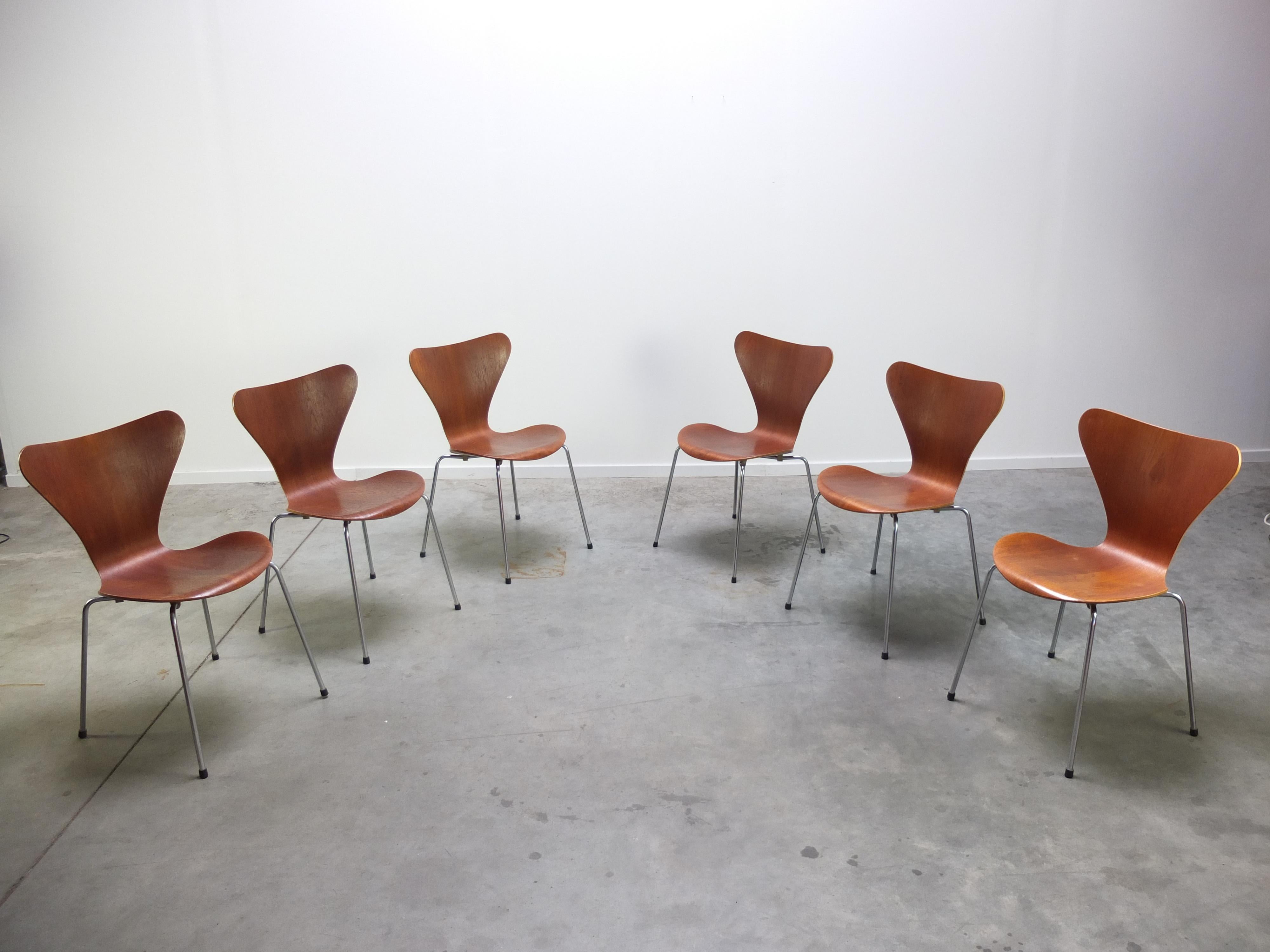 20th Century Early Set of 6 Teak 'Series 7' Chairs by Arne Jacobsen for Fritz Hansen, 1955
